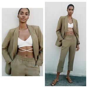 Zara Green Open Oversized Blazer Size XS Olive Boyfriend Workwear Lagenlook